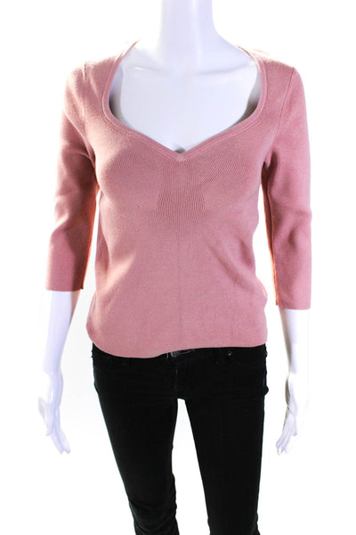 Maeve Anthropologie Womens 3/4 Sleeve V Neck Ribbed Sweatshirt Pink Size Small
