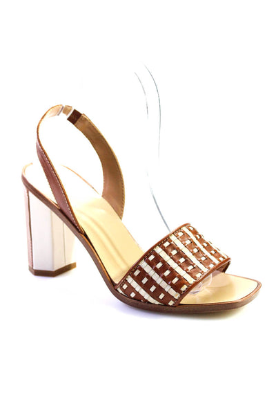 8 Womens Leather Peep Toe Woven Ankle Strap Block Heels Brown Size 6