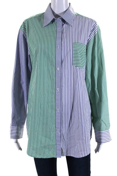 Solid & Striped Womens Cotton Striped Button Down Blouse Blue Green Size XS