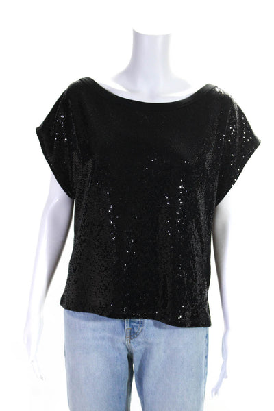 Drew Womens Sequined Round Neck Short Sleeve Pullover Blouse Top Black Size S