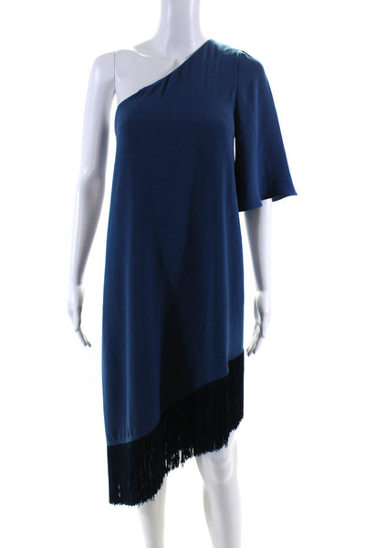 Trina Turk Women's Asymmetrical One Shoulder Fringe Mini Dress Blue Size XS