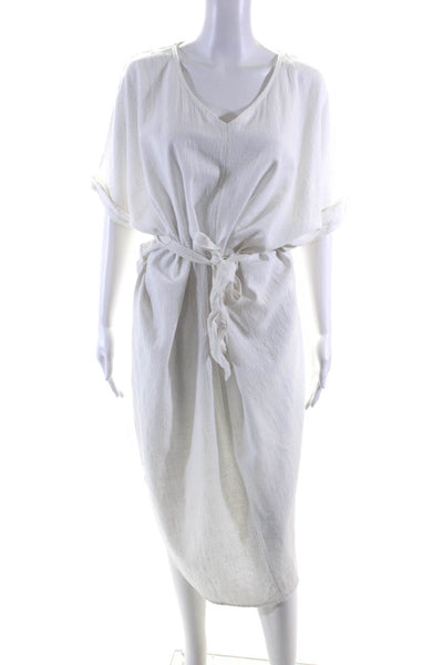 Seafolly Women's  V-Neck Short Sleeves Belt A-Line Midi Dress White Size S