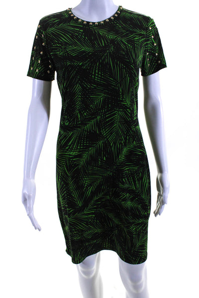Michael Michael Kors Womens Studded Fern Print Sheath Dress Black Green Small