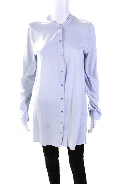 Eileen Fisher Womens Button Front Crew Neck Long Sleeve Shirt Blue Size Medium