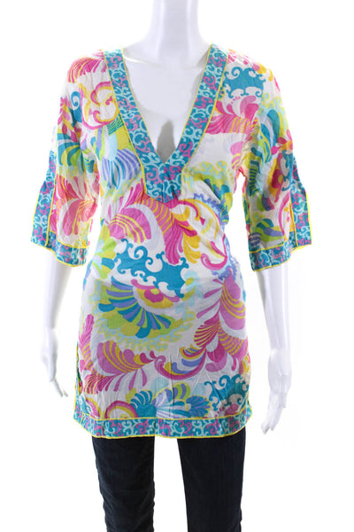 Trina Turk Womens Cotton Abstract Print V Neck Tunic Blouse Multicolor Size M