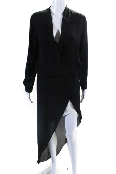Mason Womens Silk Colorblock V-Neck Long Sleeve High Low Dress Black Size 2