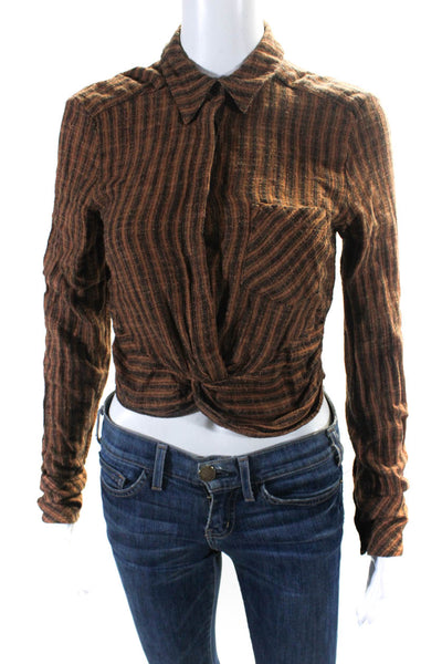 Free People Womens Striped Collared Knotted Front Blouse Top Brown Size XS