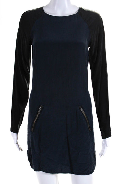 David  Lerner Women's Round Neck Long Sleeves Silk Mini Dress Navy Blue Size S
