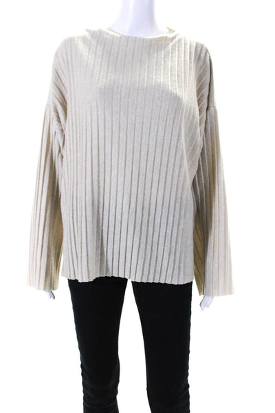 Zara Womens Pleated Knit Boat Neck Long Sleeve Sweater Top Beige Size M