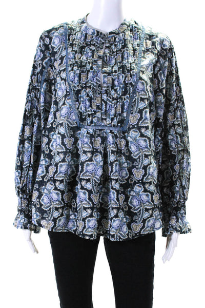 Anthropologie Womens Cotton Buttoned Pullover Long Sleeve Blouse Top Blue Size M