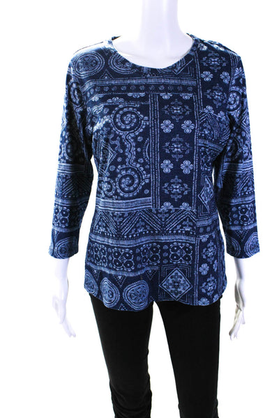 J. Mclaughlin Womens Cotton Abstract Print Long Sleeve Blouse Top Navy Size L