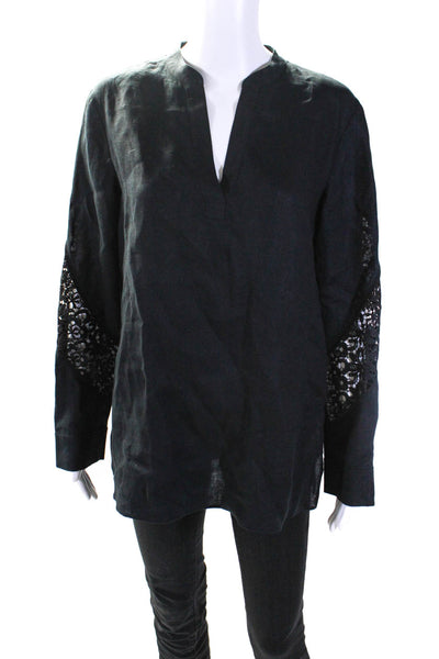 Escada Sport Womens Linen V-Neck Long Sleeve Tunic Top Blouse Black Size 36