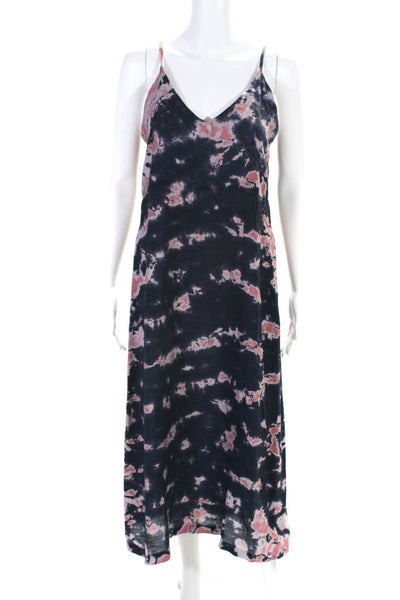 Lacausa Womens Tie Dye Print V Neck Maxi Dress Navy Blue Pink Size Small