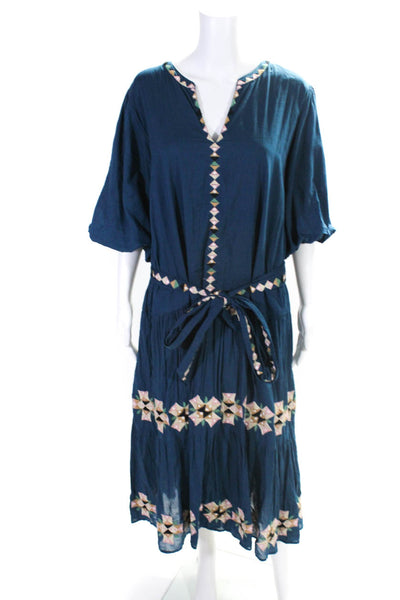 Roller Rabbit Womens Embroidered Belted A Line Sun Dress Blue Cotton Size Medium