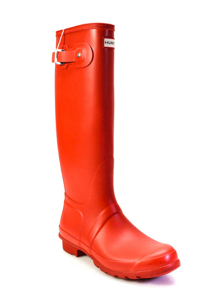 Hunter Womens Slip On Block Heel Logo Rubber Rain Boots Orange Rubber Size 9