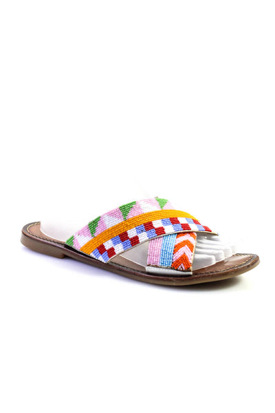 Inuovo Womens Geometric Beaded Crossover Flat Slides Sandals Multicolor Size 7