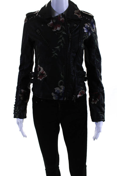 BLANKNYC Womens Front Zip Floral Embroidered Faux Leather Jacket Black Size XS