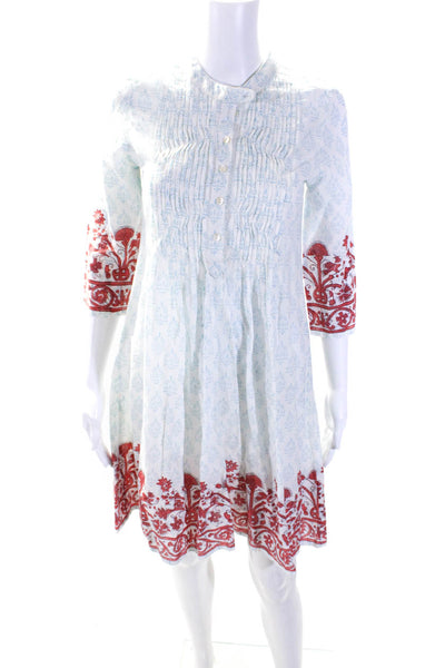 Roberta Roller Rabbit Womens 3/4 Sleeve V Neck Printed Dress White Blue Size XS