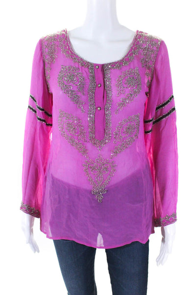 Yae Point Trapey Womens Long Sleeve Beaded Silk Sheer Top Pink Size Small