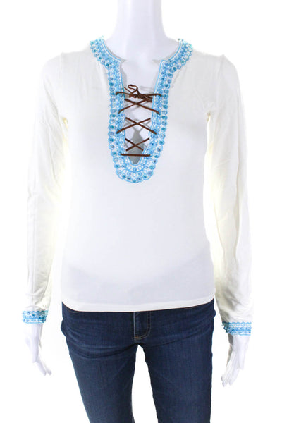 Amor & Psyche Womens Long Sleeve Lace Up V Neck Shirt White Blue Size Medium