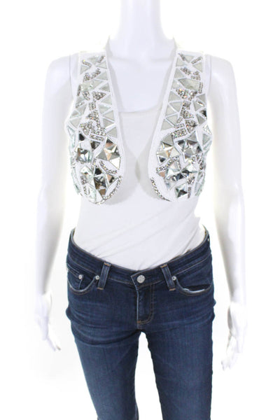 Derercuny Womens Open Front Crystal Beaded Cropped Vest Jacket White Size Small
