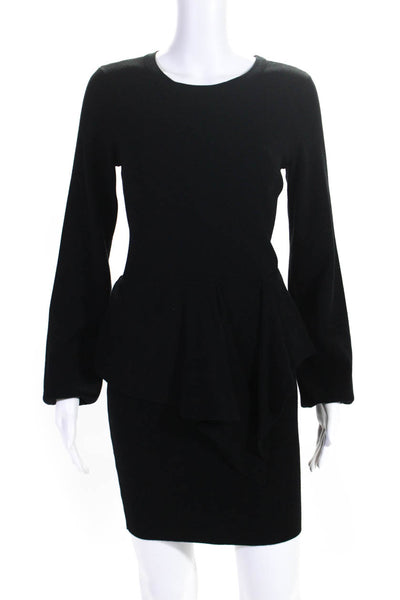 Milly Womens Long Sleeve Scoop Neck Ruffled Mini Knit Dress Black Size Petite