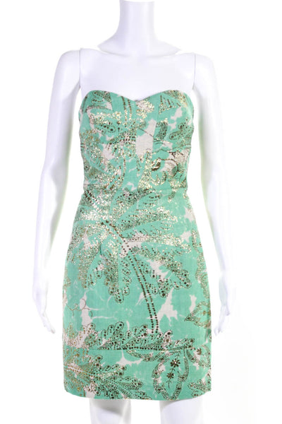 Milly Womens Sweetheart Metallic Printed Mini Dress Green White Wool Size 2