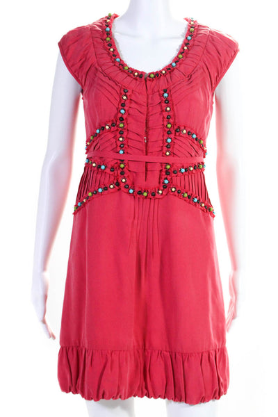 Nanette Lepore Womens Back Zip Cap Sleeve Beaded Trim Silk Dress Pink Size 2
