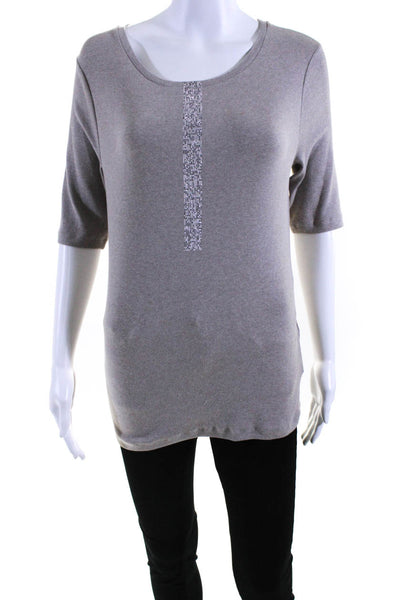 Peserico Womens Short Sleeve Rhinestone Round Neck Shirt Brown Cotton Size IT 46