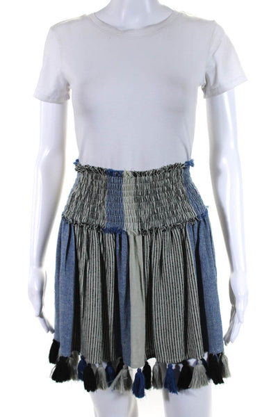 Apiece Apart Womens Smocked Waistband Tassel Striped Skirt Blue White Size 0