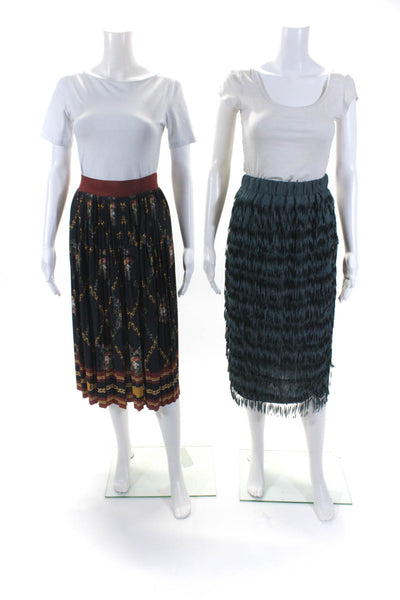 Zara Women's Elastic Waist Pleated Floral Green Unlined Midi Skirt Size S Lot 2