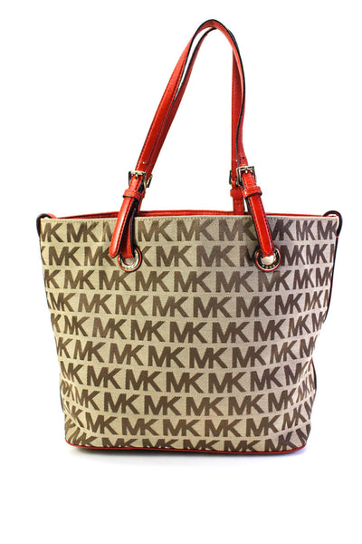 Michael Michael Kors Womens MK Monogram Canvas Tote Handbag Brown Red