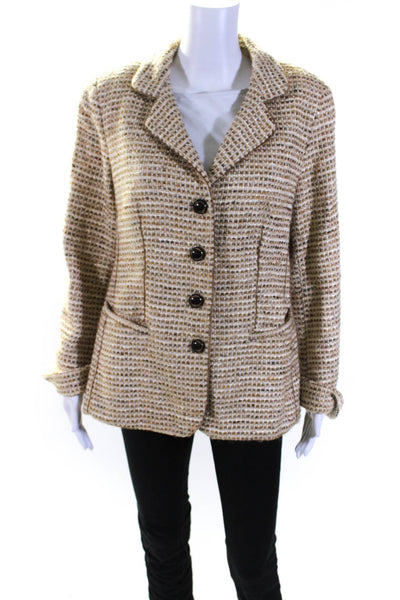 Nina Mclemore Womens Wool Tweed Collared Button Up Blazer Jacket Beige Size 10