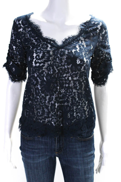 Joie Women's V-Neck Short Sleeves Unlined Lace Blouse Navy Blue Size XS