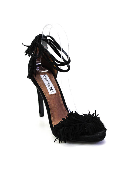 Steve Madden Womens Black Suede Fringe Detail Ankle Strap Sandals Shoes Size 6.5