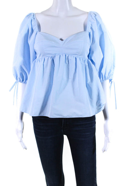 Amanda Uprichard Womens Back Zip Short Sleeve V Neck Blouse Blue Cotton Medium