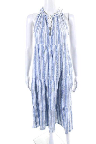 J Crew Womens Embroidered Key Hole Neck Dress White Blue Cotton Size Extra Small