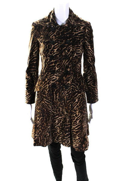 Karen Millen Womens Cotton Leopard Printed Double Breasted Coat Brown Size 4