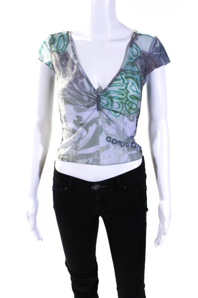 Guizio Womens Abstract Print Sheer Textured Pullover Blouse Top Green Size M