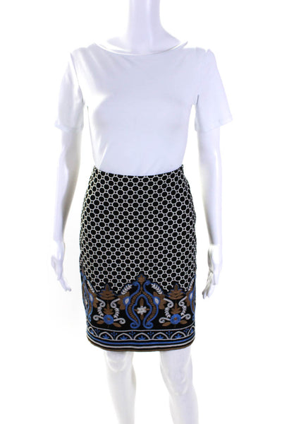 J. Mclaughlin Womens Embroidered Soutache Hem Pencil Skirt Black White Blue Sz 4