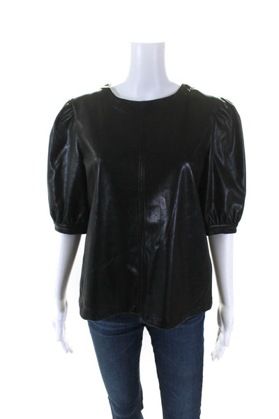 Steve Madden Womens Half Puff Sleeve Faux Leather Top Blouse Black Size Large