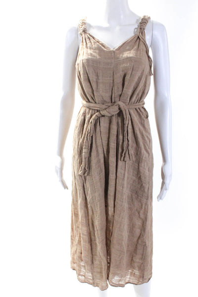Zara Womens V Neck Sleeveless Belted Sun Dress Beige Cotton Size Small