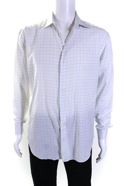 Armani Collezioni Mens Plaid Button Down Dress Shirt White Cotton Size 16.5 42