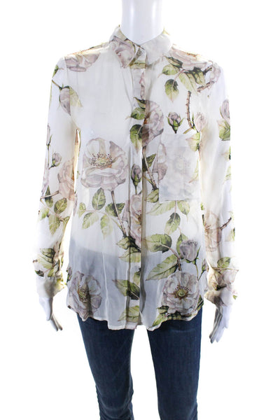 Haute Hippie Womens Cream Silk Floral Long Sleeve Button Down Shirt Size XS