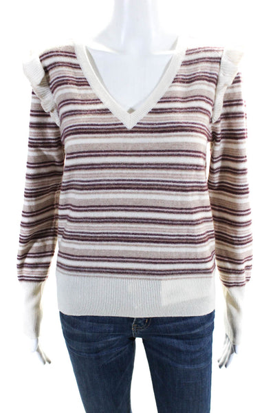 Joie Womens Striped V Neck Ruffled Sweater Multi Colored Wool Size Small