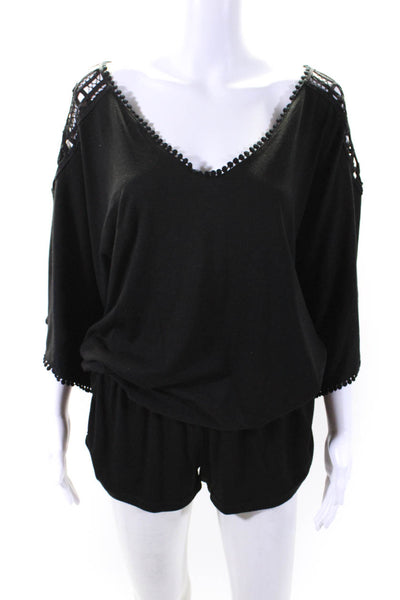 L Space Womens Lace Trim Elasticated Low Back Swimwear Coverup Black Size L