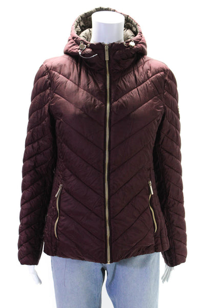 Michael Michael Kors Womens Dark Brandy Chevron Reversible Packable Jacket SizeS