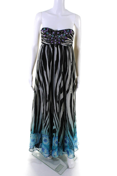 Mikael Aghal Womens Black Printed Beaded Zip Back Strapless Gown Dress Size 2