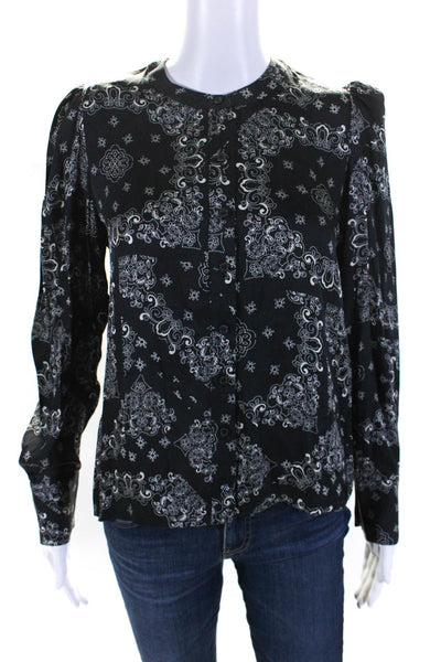 The Westside Womens Bandana Paisley Satin Button Up Top Blouse Black Size Small