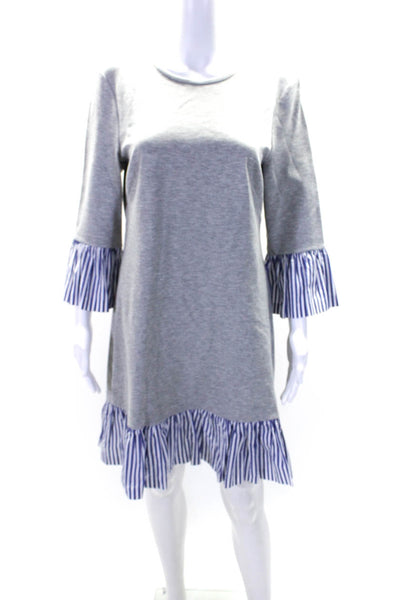 Eliza J Womens Long Sleeve Striped Ruffle Trim Shift Dress Gray Size 10